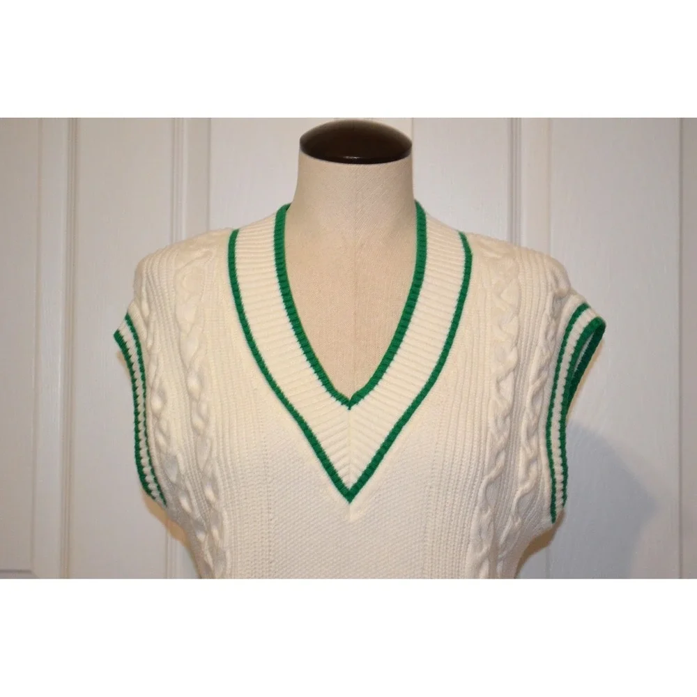 TALBOTS Sweater Vest Womens XS White Cable Knit V Neck Green Trim Preppy - Picture 2 of 13